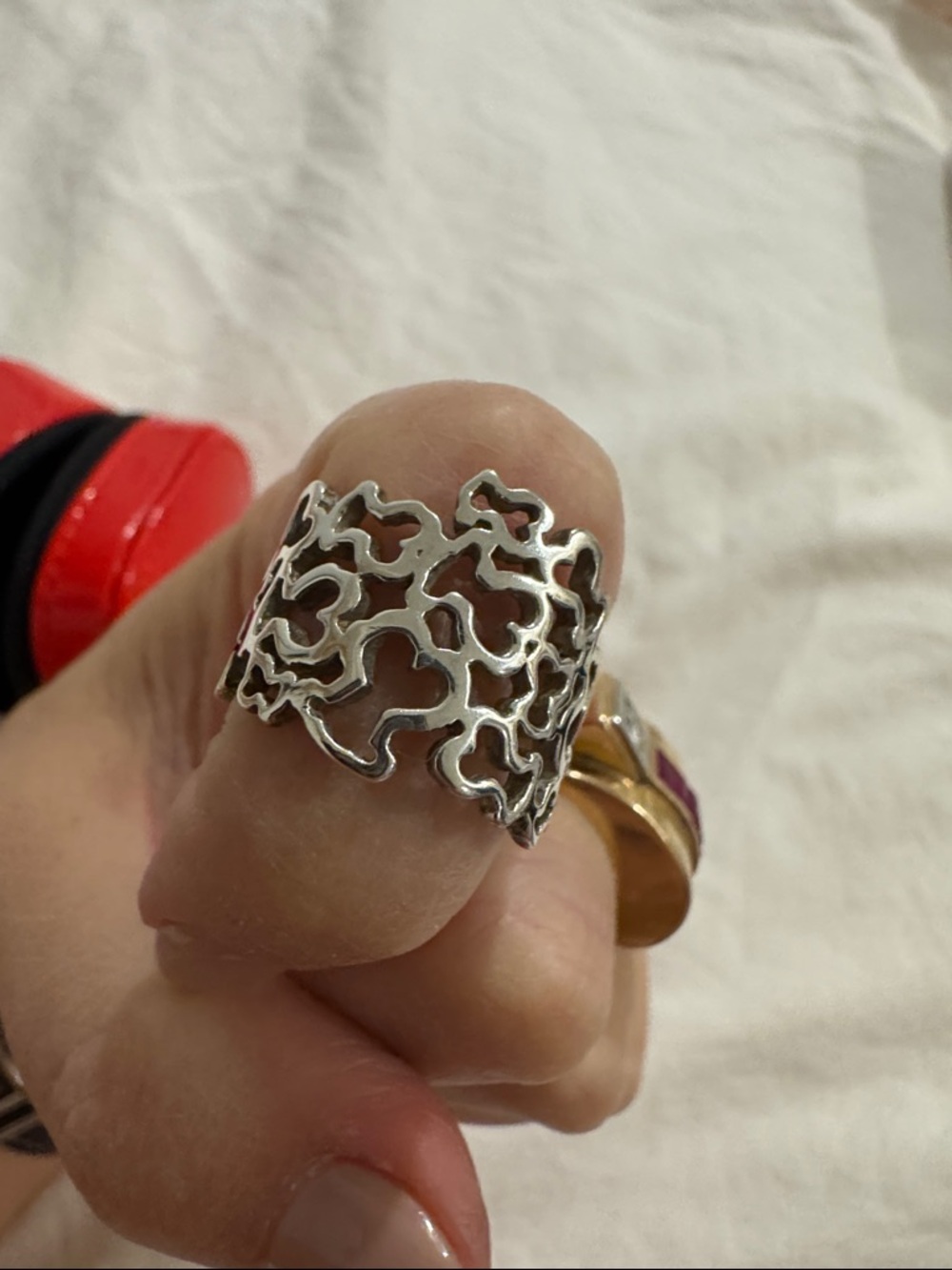 Tous Silver Openwork Floral LOGO Ring - Silver